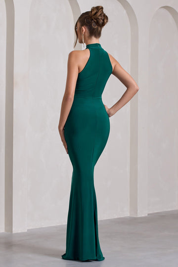 Memorable Bottle Green Ruched High-Neck Split Maxi Dress